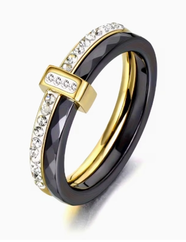1. Nom du produit Bague Double Anneau en Acier Inoxydable et Céramique – Alliance Moderne et Graphique