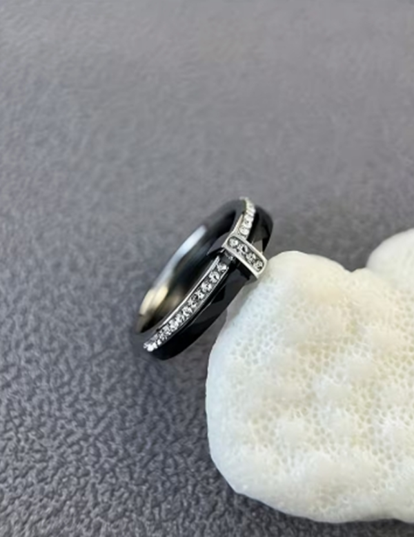1. Nom du produit Bague Double Anneau en Acier Inoxydable et Céramique – Alliance Moderne et Graphique