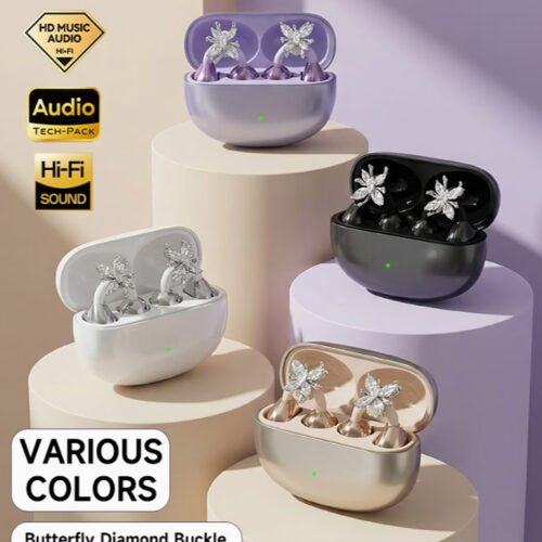 WoSD Nouveaux Écouteurs Véritablement Sans Fil – Édition Bijou avec Boucles d'Oreilles en Pierre Précieuse Synthétique & Son HIFI Dolby