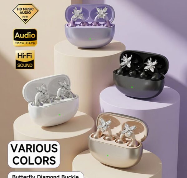 Rectangle 880 WoSD Nouveaux Écouteurs Véritablement Sans Fil – Édition Bijou avec Boucles d'Oreilles en Pierre Précieuse Synthétique & Son HIFI Dolby
