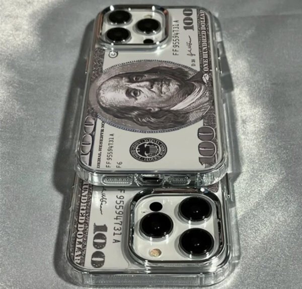 Coque Transparente de Luxe "Dollar Edition" – Protection Antichoc avec Lentille et Cadre Électroplaqués