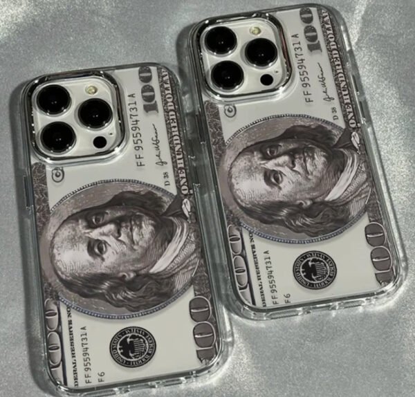 Coque Transparente de Luxe "Dollar Edition" – Protection Antichoc avec Lentille et Cadre Électroplaqués