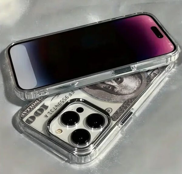 Coque Transparente de Luxe "Dollar Edition" – Protection Antichoc avec Lentille et Cadre Électroplaqués