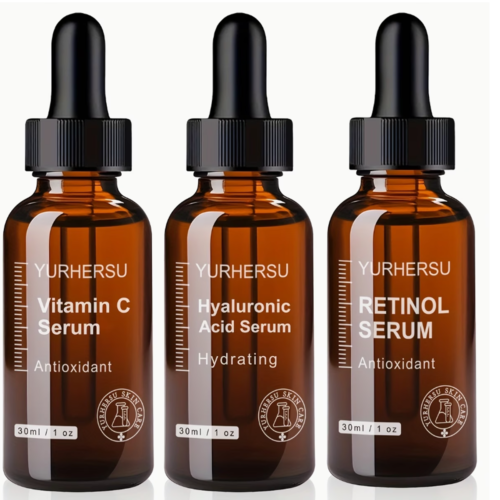 Ensemble de 3 Sérums Visage Jour & Nuit – Vitamine C et E, Acide Hyaluronique, Rétinol et Petit Flacon Brun
