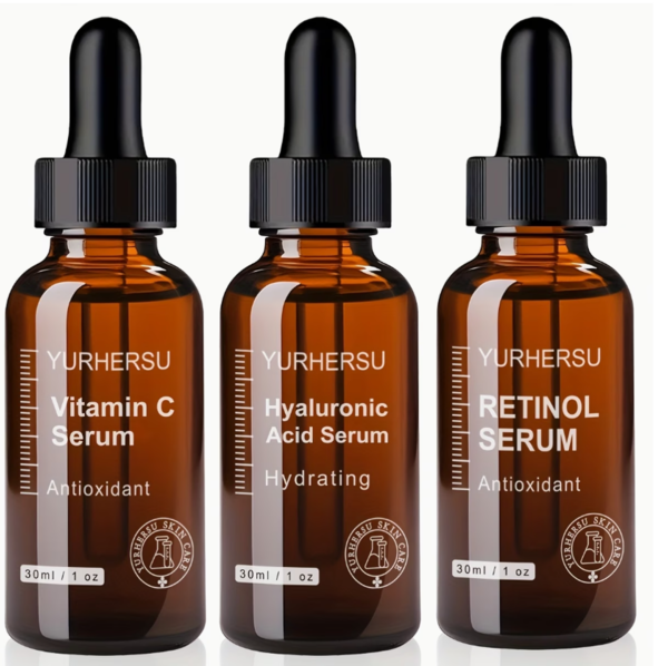 Ensemble de 3 Sérums Visage Jour & Nuit – Vitamine C et E, Acide Hyaluronique, Rétinol et Petit Flacon Brun