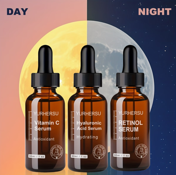 Ensemble de 3 Sérums Visage Jour & Nuit – Vitamine C et E, Acide Hyaluronique, Rétinol et Petit Flacon Brun