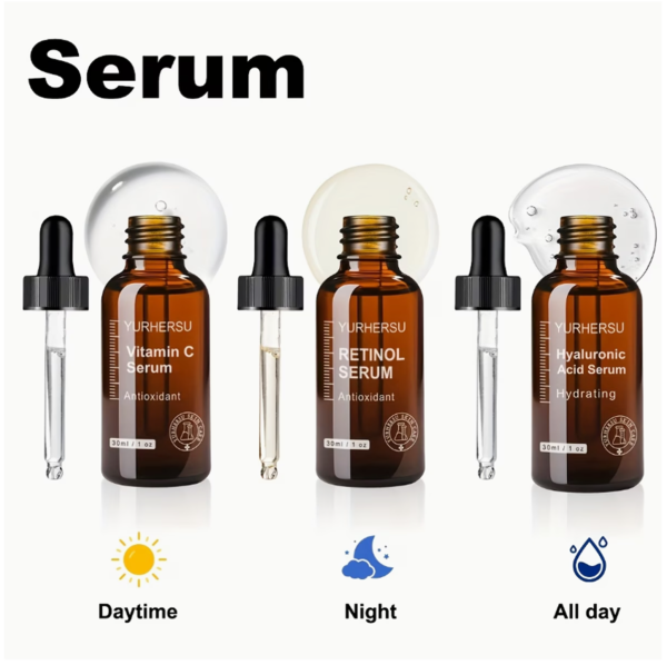 Ensemble de 3 Sérums Visage Jour & Nuit – Vitamine C et E, Acide Hyaluronique, Rétinol et Petit Flacon Brun