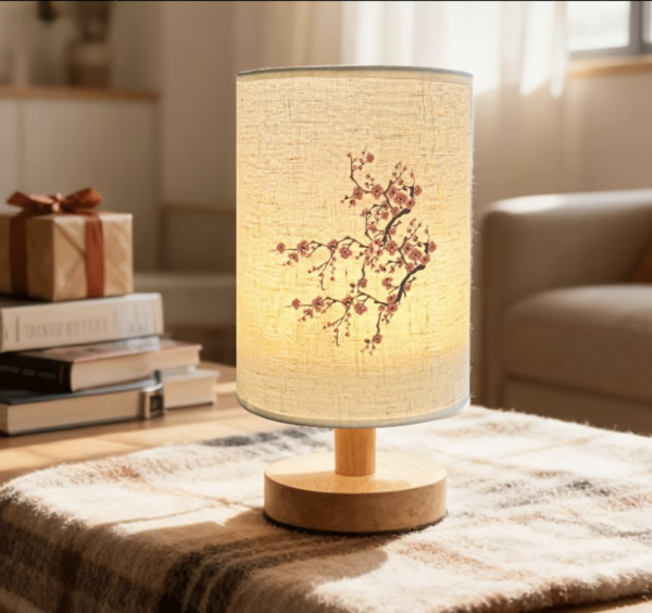 Lampe de Table Nordique en Bois Naturel et Abat-Jour Floral