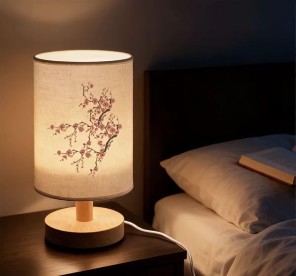 Lampe de Table Nordique en Bois Naturel et Abat-Jour Floral