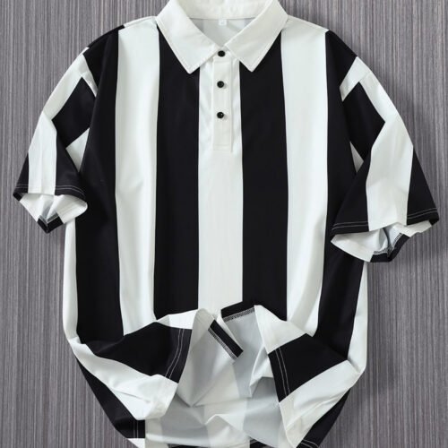 Polo Homme à Larges Rayures Noires et Blanches – Col Structuré Style Rétro Chic