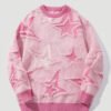 Pull Tricoté Tendance – Fond Noir et Motif d'Étoiles Roses Contrastées