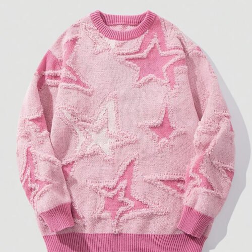 Pull Tricoté Tendance – Fond Noir et Motif d'Étoiles Roses Contrastées