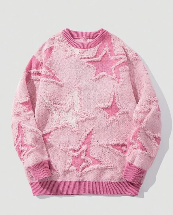 Pull Tricoté Tendance – Fond Noir et Motif d'Étoiles Roses Contrastées