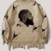 Pull Col Roulé Ample pour Homme – Motif Graffiti Artistique et Détails Déchirés Style Grunge
