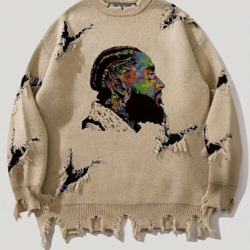 Pull Col Roulé Ample pour Homme – Motif Graffiti Artistique et Détails Déchirés Style Grunge