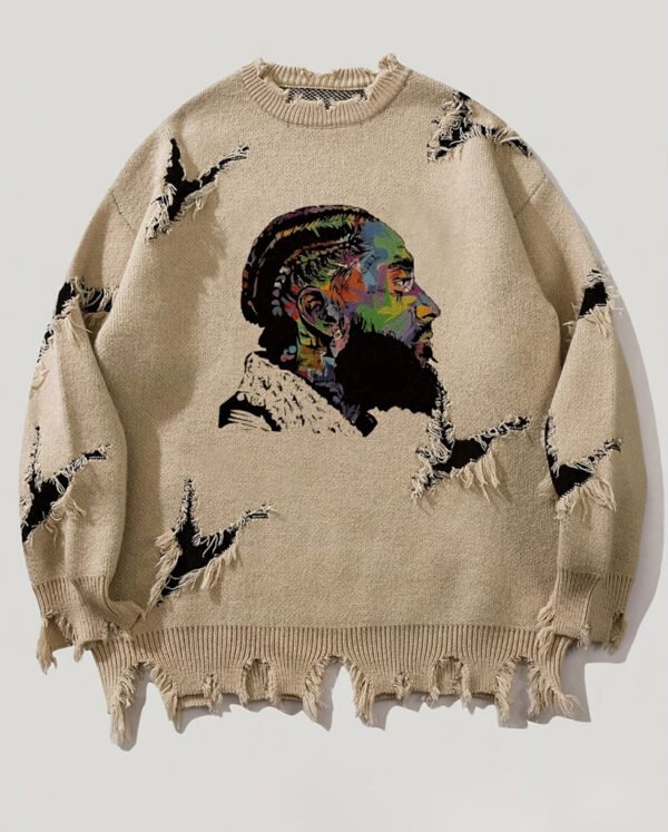 Pull Col Roulé Ample pour Homme – Motif Graffiti Artistique et Détails Déchirés Style Grunge