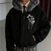 Rectangle 1003 Veste Sweat à Capuche pour Homme – Imprimé Étoiles Rétro, Coupe Ample et Col en Fausse Fourrure