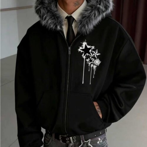 Veste Sweat à Capuche pour Homme – Imprimé Étoiles Rétro, Coupe Ample et Col en Fausse Fourrure