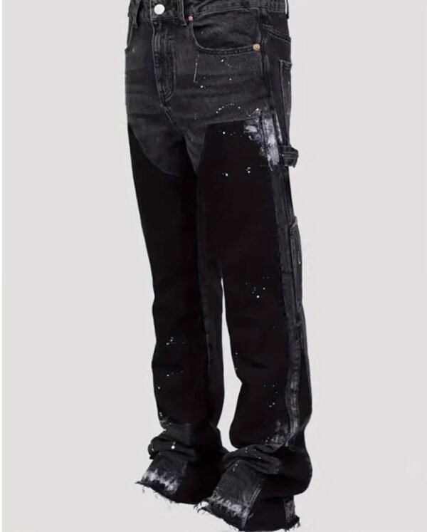 Jean pour Homme – Design Patchwork Contrasté, Motif Flamme et Taille Élastique