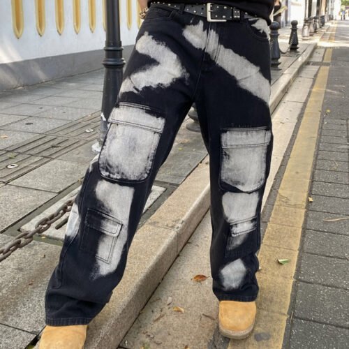 Jean Cargo Décontracté pour Homme – Coupe Loose Fit à Jambe Droite, Lavage Vintage et Motif Tie-Dye