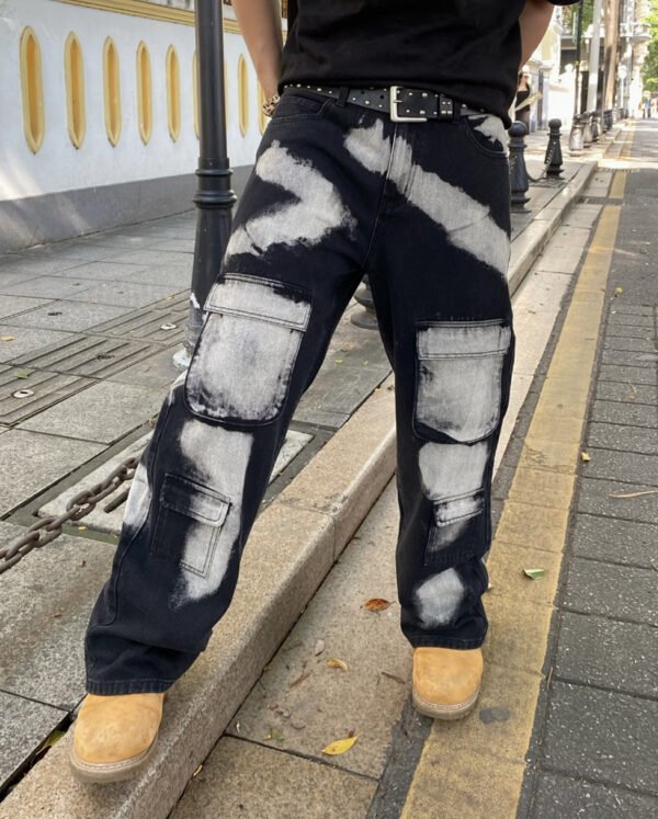 Jean Cargo Décontracté pour Homme – Coupe Loose Fit à Jambe Droite, Lavage Vintage et Motif Tie-Dye