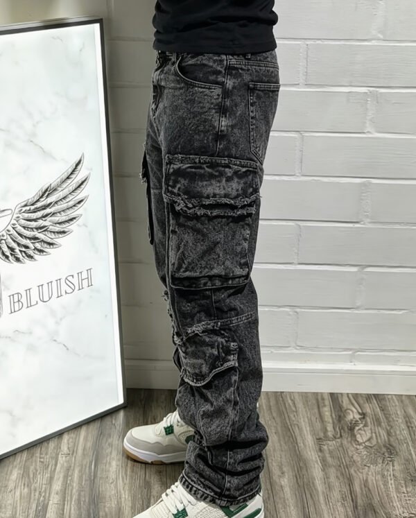 Jean Denim Épais pour Homme – Style High-Street, Design Cargo Multi-Poches et Coupe Ample Droite