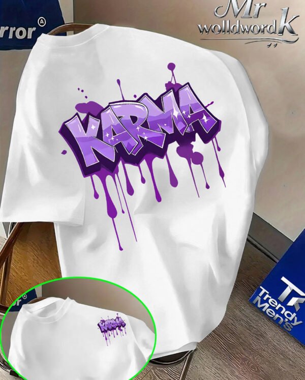 T-Shirt KARMA Violet – Style Graffiti Drip, Coupe Décontractée en Tricot Lâche