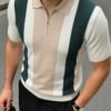 Polo Homme à Manches Courtes – Rayures Verticales et Col à Demi-Fermeture Éclair