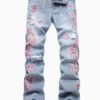 Rectangle 1004 Jean Droit pour Homme – Délavé Clair, Coupe Régulière sans Stretch et Broderies Fleurs Artisignales