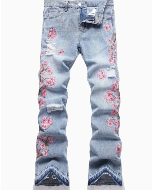 Rectangle 1004 Jean Droit pour Homme – Délavé Clair, Coupe Régulière sans Stretch et Broderies Fleurs Artisignales