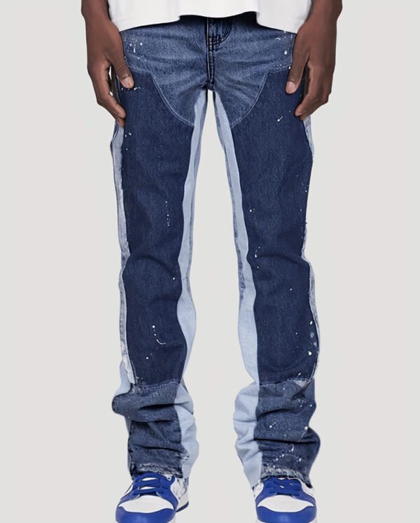 Jean pour Homme – Design Patchwork Contrasté, Motif Flamme et Taille Élastique