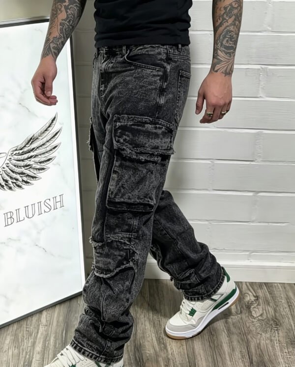 Jean Denim Épais pour Homme – Style High-Street, Design Cargo Multi-Poches et Coupe Ample Droite