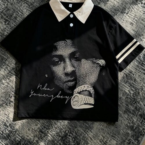 Polo Homme Style Rétro Futur Y2K – Noir Intense avec Col Structuré