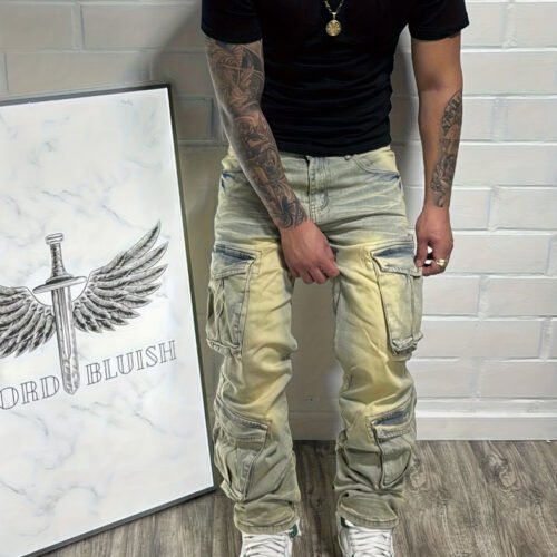 Jean Cargo Décontracté pour Homme – Coupe Loose Fit à Jambe Droite, Lavage Vintage et Motif Tie-Dye