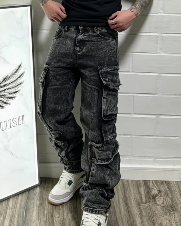 Jean Denim Épais pour Homme – Style High-Street, Design Cargo Multi-Poches et Coupe Ample Droite