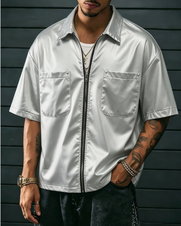 Veste Homme à Manches Courtes – Double Poche Poitrine, Style Street et Fermeture Éclair