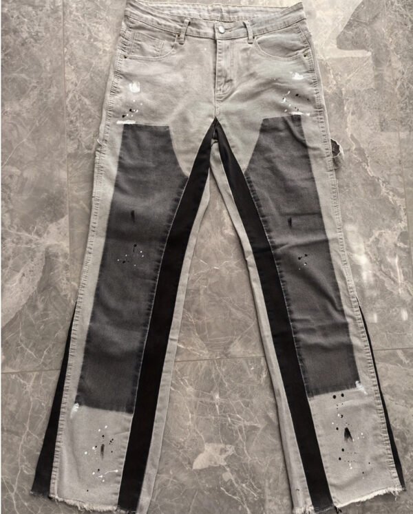 Jean pour Homme – Design Patchwork Contrasté, Motif Flamme et Taille Élastique