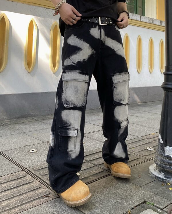 Jean Cargo Décontracté pour Homme – Coupe Loose Fit à Jambe Droite, Lavage Vintage et Motif Tie-Dye