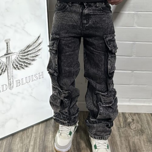 Jean Denim Épais pour Homme – Style High-Street, Design Cargo Multi-Poches et Coupe Ample Droite