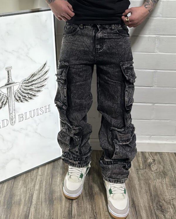 Jean Denim Épais pour Homme – Style High-Street, Design Cargo Multi-Poches et Coupe Ample Droite