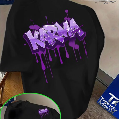 T-Shirt KARMA Violet – Style Graffiti Drip, Coupe Décontractée en Tricot Lâche