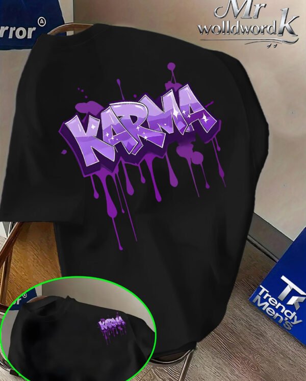 T-Shirt KARMA Violet – Style Graffiti Drip, Coupe Décontractée en Tricot Lâche