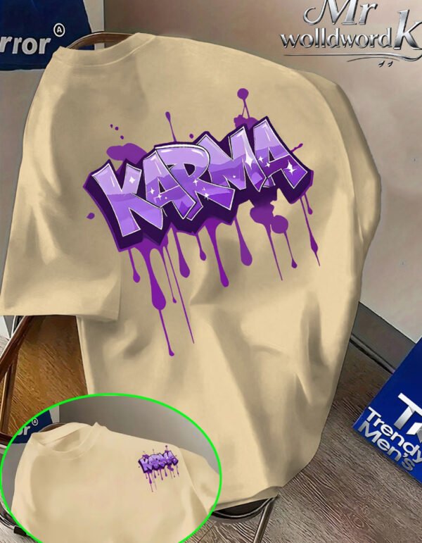 T-Shirt KARMA Violet – Style Graffiti Drip, Coupe Décontractée en Tricot Lâche