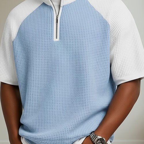 Polo d'Été pour Homme en Tricot Gaufré – Coupe Ample, Col Zippé Demi-Ouvert et Design Patchwork