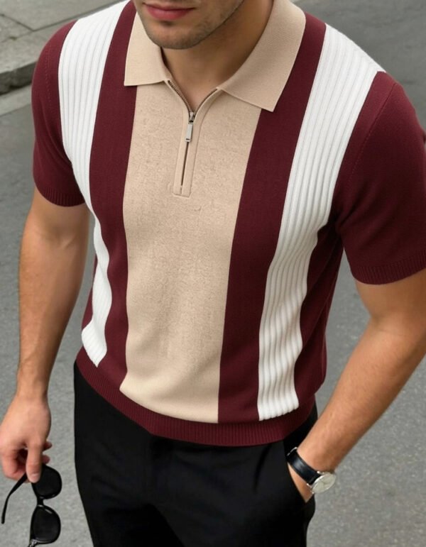 Polo Homme à Manches Courtes – Rayures Verticales et Col à Demi-Fermeture Éclair