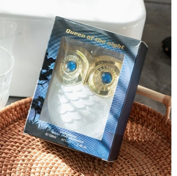 Rectangle 1010 (1) Eau de Parfum « Reine des Nuits » 100ml – Fragrance Envoûtante Longue Tenue avec Flacon Artistique en Forme de Hibou et Boîte Cadeau