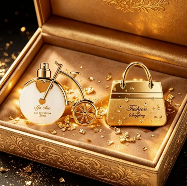 Coffret Duo de Parfums Tendance « Sac à Main Doré & Vélo Blanc Doré » – Lot de 2 Pièces (50ml + 25ml), Combinaison de Fragrances Florales, Épicées et Musquées