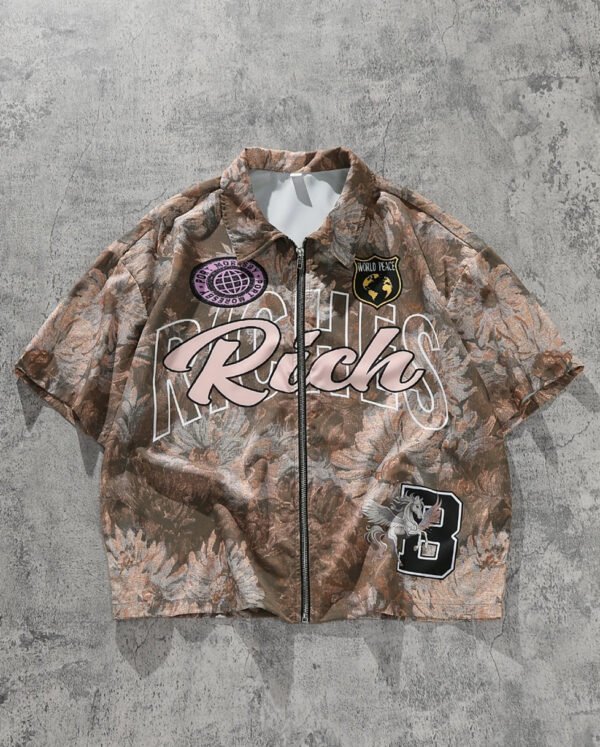 Chemise Florale Marron Style Rétro – Imprimé Graphique et Logo Tendance Mode