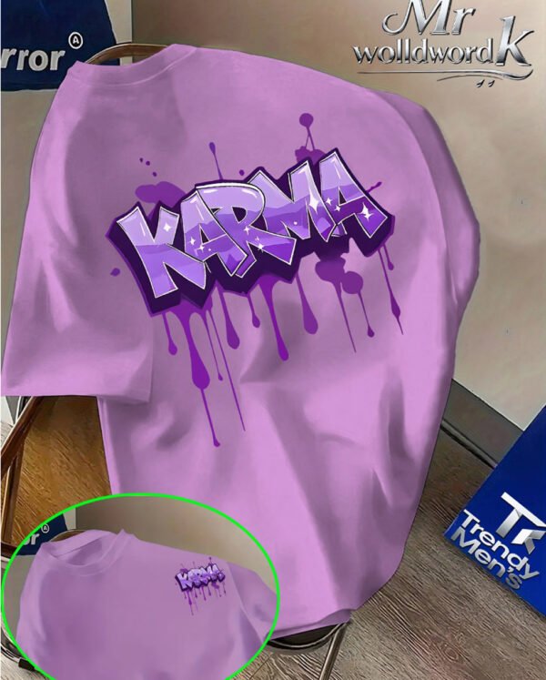 T-Shirt KARMA Violet – Style Graffiti Drip, Coupe Décontractée en Tricot Lâche