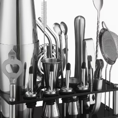 Ensemble Professionnel de Shaker à Cocktails avec Support – Kit de Barman Complet en Acier Inoxydable (Shaker, Jigger, Pilon, Passoire, Cuillère) pour Bar à Domicile et Restaurant